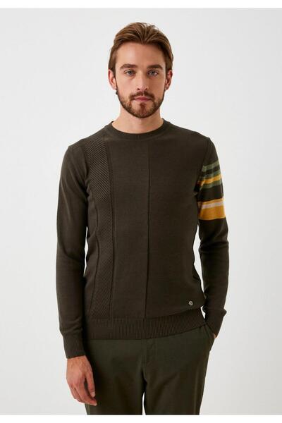 Erkek Triko Haki Bisiklet Yaka Desenli Slim Fit Pamuklu Kazak JEANS 3743