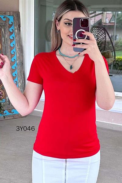 İnce Topuk V-Neck Cotton Viscose T-Shirt - 3y046