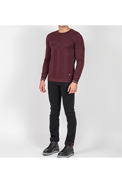 Genel Markalar Erkek Kazak Bisiklet Yaka Mürdüm Desenli Slim Fit Triko Jeans 3638