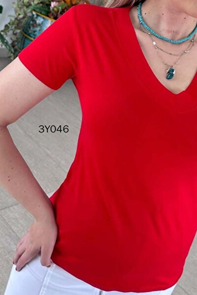 İnce Topuk V Yaka Pamuklu Viskon Tshirt 3y046