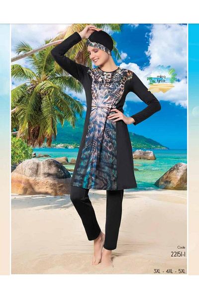 Ruko Maio 22151-1 Micro Lycra Patterned O-Neck Full Hijab Swimsuit