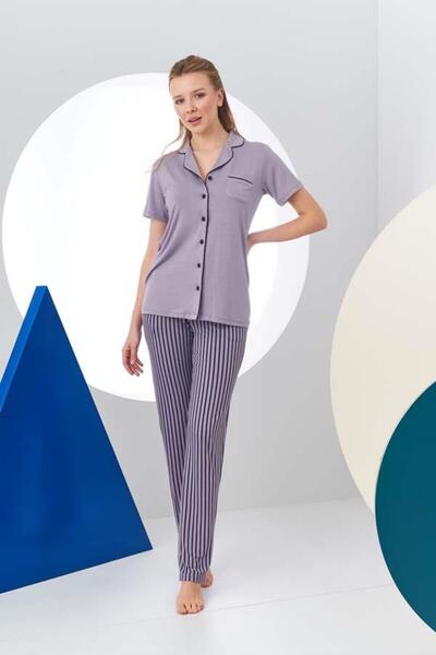 Genel Markalar Pjs 24156 Kadın Çizgili Düğmeli Pijama Takım