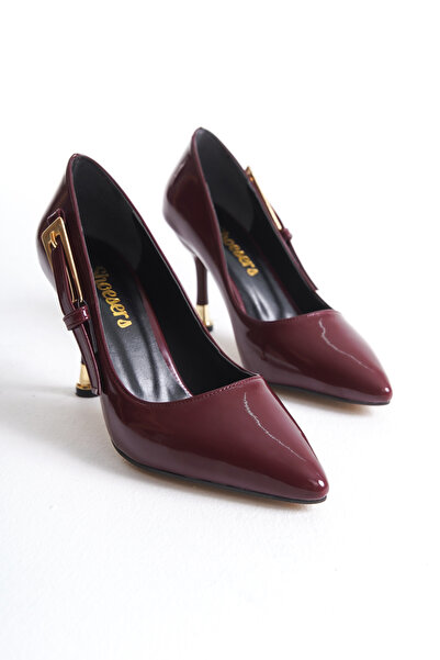 Redoxy Women's Special Design Thin Heeled Patent Leather Stiletto with Metal Accessories