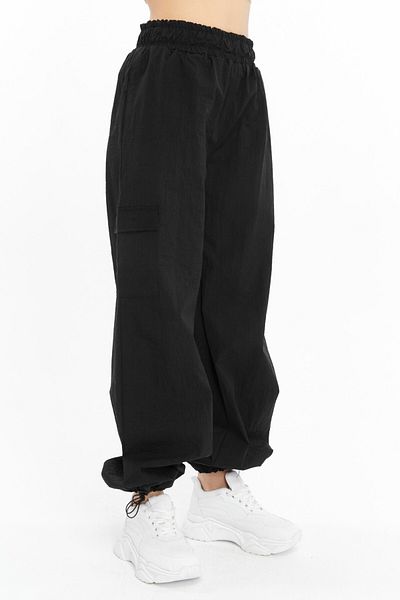 Grenj Fashion Black Parachute Fabric Woven Jogger Pants with Elastic Waist Stoppers