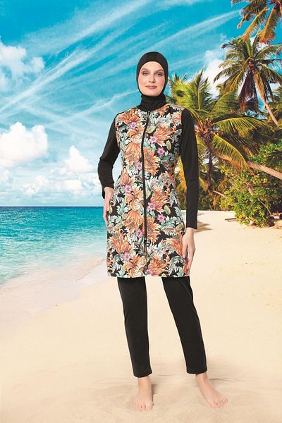 Ruko Maio 22148-6 Patterned 0 Collar Parachute Micro Fabric Full Hijab Swimsuit