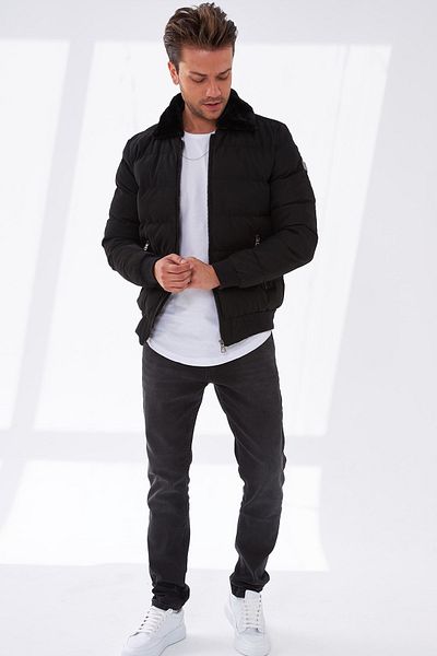 Delpino Ανδρικό δερμάτινο παλτό φουσκωτό Carbon Slim Fit