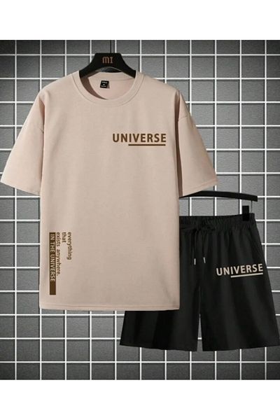 DEZZİİ Beige Universe Printed Top and Bottom Shorts T-shirt Set