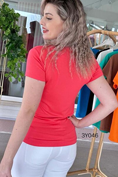 İnce Topuk V-Neck Cotton Viscose T-Shirt - 3y046