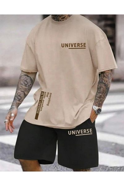 DEZZİİ Beige Universe Printed Top and Bottom Shorts T-shirt Set