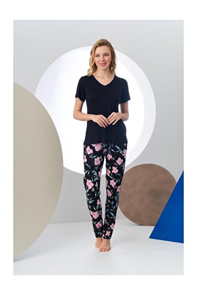 PJS 24168 Kadın Kısa Kollu V Yaka Desenli Pijama Takım