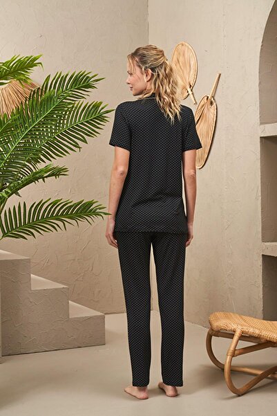 PJS 25186 Women's Lapel Buttoned Polka Dot Short Sleeve Pajama Suit