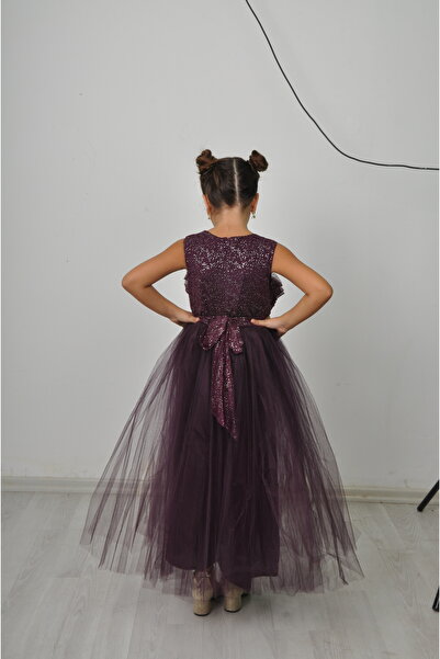 Filizdens Kids Kız Çocuk Elbise Üstü Simli Tülden Fırfırlı Altı Tüllü Uzun Abiye Düğün Balo Doğum Günü Elbisesi