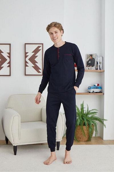 KLY Σετ πιτζάμες 9244 Ανδρικό Navy Blue Midi γιακά