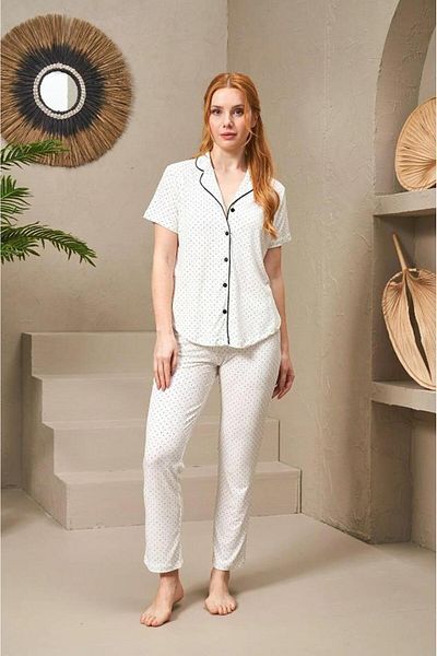 PJS 25118 Set pijamale cu mâneci scurte cu buline, cu nasturi