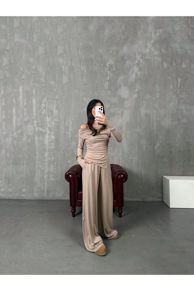 Marbella Γυναικείο Σετ Ασύμμετρη Μπλούζα & Φαρδύ Παντελόνι ντραπέ