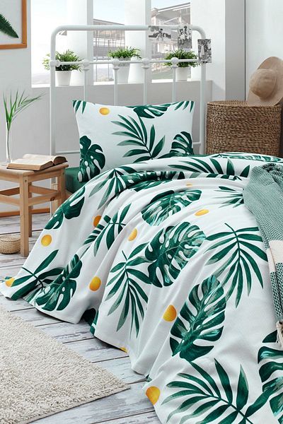 Eponj Home Green Monstera Patterned Single Pique Set