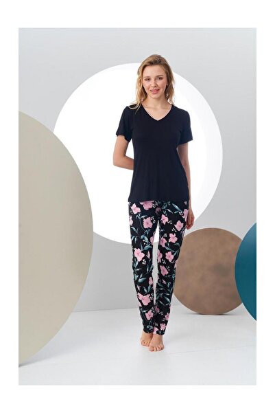 PJS 24168 Kadın Kısa Kollu V Yaka Desenli Pijama Takım