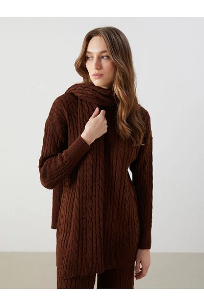 LC Waikiki Modest Brown Half Turtleneck Self Patterned Women's Knitwear Tunic