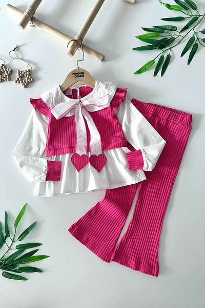 Minigimin Cicileri Fuchsia My Mini's Flowers Heart Detailed Ribbed Shirt Set for Girls - Set of 2