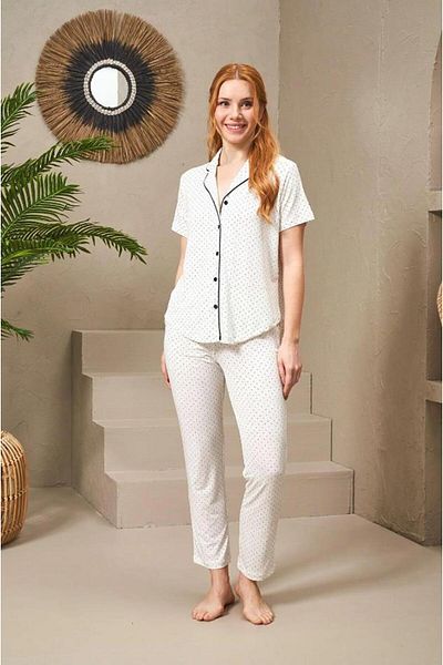 PJS 25118 Set pijamale cu mâneci scurte cu buline, cu nasturi
