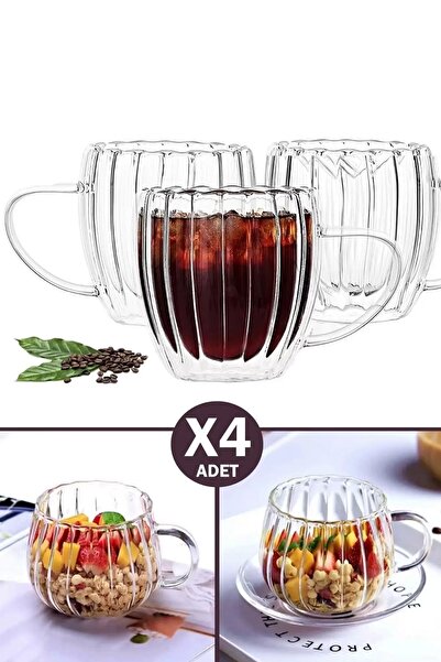 Berdina Home 4'Lü Çift Cidarlı Cam Bardak 350 ml Çay Fincanı Kahve Sunum Bard...