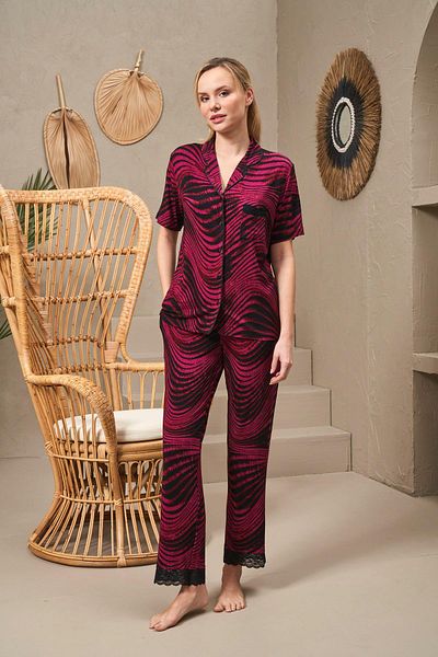 PJS 25140 Set de pijamale cu mâneci scurte cu model, cu guler, cu nasturi