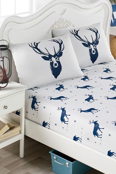 Eponj Home Pes Elastic Sheet Set Single Deer Navy Blue