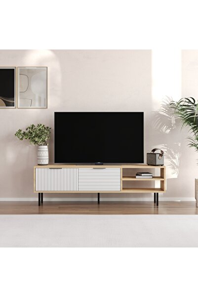 MERT SERT MOBİLYA Venüs 150cm Tv Sehpası, Tv Ünitesi, Çizgi Kapaklı, Metal Ku...