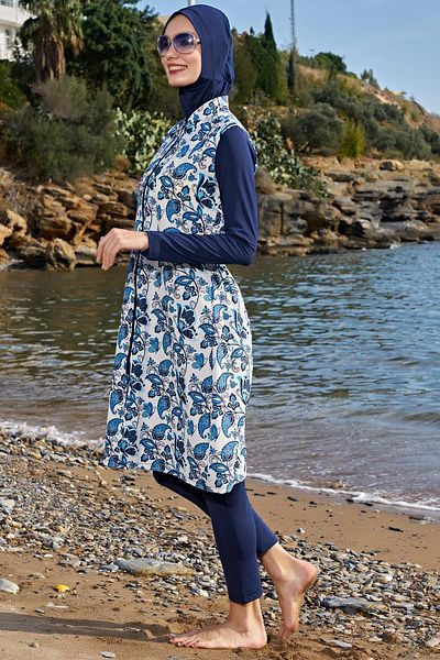 Ruko Maio 23117-1 Tile Patterned Stand Collar Long Length Full Hijab Swimsuit