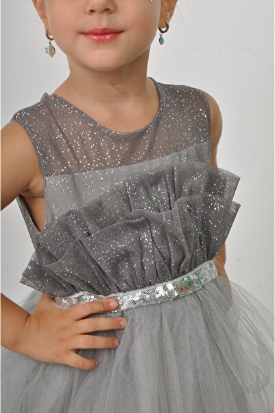 Filizdens Kids Kız Çocuk Elbise Üstü Simli Tülden Fırfırlı Altı Tüllü Uzun Abiye Düğün Balo Doğum Günü Elbisesi