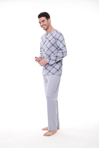 Pijadore 1407 Costum de pijama cu mânecă lungă pentru bărbați, cu nasturi, în carouri