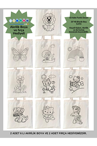 Cemira Sevimli Desenler 10 Adet Boyalı Ham Bez Boyama Çantası, Anaokulu Çocuk...