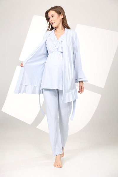 Lohussa Kadın Mavi Volanlı Tasarım Kısa Kol  %100 Pamuk Hamile Lohusa Sabahlık Pijama TakımıSet