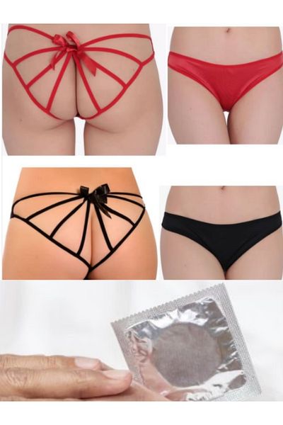 MedCat 3 Condoms as Gift + 2 Special Ribbon Detailed Panties Red & Black