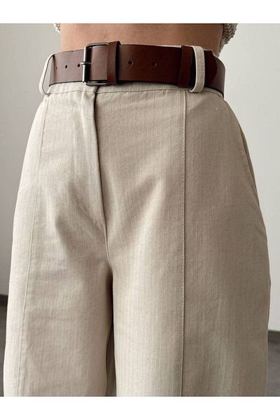 owwon Women's Beige High Waist Elastic Waist Belted Balloon Model Linen Trousers