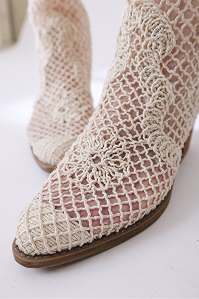 Limoya Bézs csipke virágos részletes Tersa Cowboy csizma - hosszú sarkú