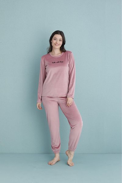 FORMO Women's Powder Velvet Long Sleeve Elastic Leg High Quality Pajamas Set