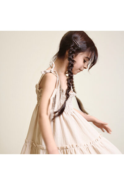 OZZY KİDS Girl's Chest Gathered Suspender Sleeve Linen Dress 12250