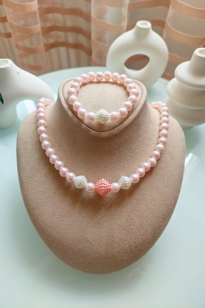 TwinsCollection Çok Şık Kız Çocuk Kolye Bileklik Pembe Inci Takı Seti