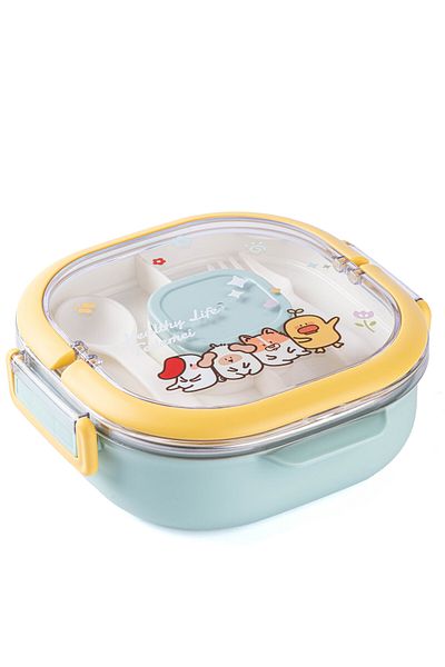 Tantitoni Tedemei Blue Stainless Steel Transmission Container with 3 Compartment Fork and Spoon 700ml