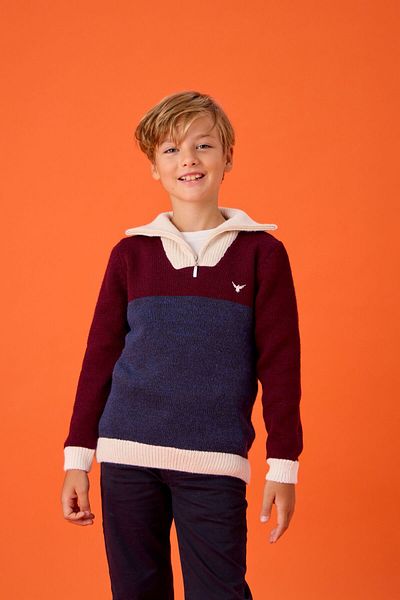 Nisrakids Pulover tricotat cu fermoar cu guler șal pentru băiat
