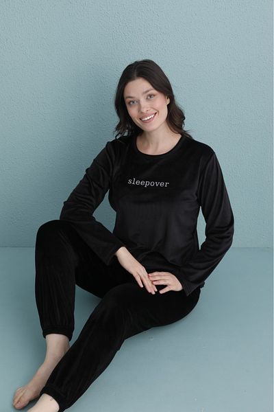 FORMO Women's Black Velvet Long Sleeve Elastic Leg High Quality Pajamas Set