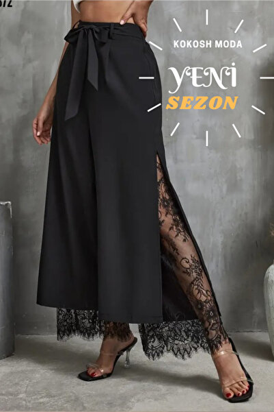 Kokosh moda Kadın Yüksek Bel Dantel Detaylı Kemerli Dalgıç Kumaş Pantolon