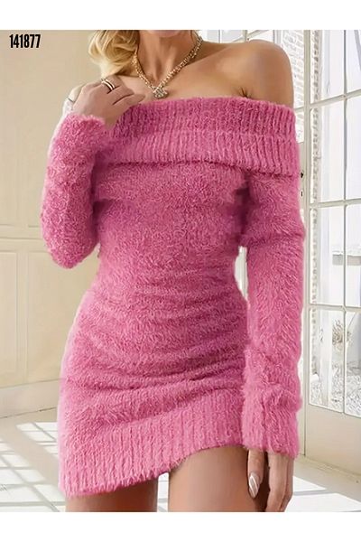 Cbm Women's Long-Sleeved Off-The-Shoulder Short Knitted Dress 141877