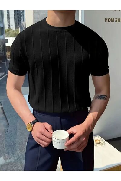 pepule Μαύρο μπλουζάκι με λαιμόκοψη πλεκτό πλεκτό