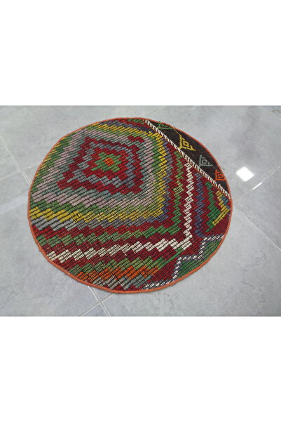 Şahmerdanoğlu  79 x 81 El Dokuması Harika Mersin-Mut Yuvarlak Cecim-Kilim Sehpa Altı Dekor v8