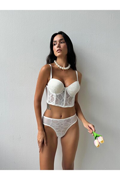For Dreams Destekli Simli Ekru Bustiyer Takım