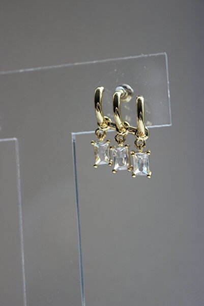 nevamor Steel Triple Look Rectangular Stone Dangle Gold Earrings