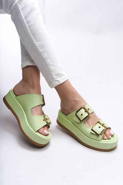 Riccon Winledha Women's Double Buckle Slippers 001278   Water Green Skin