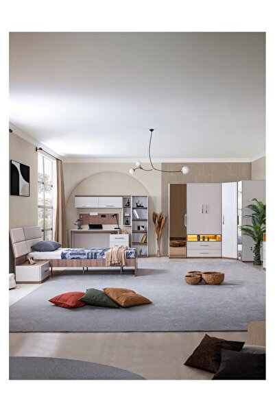 Setay Genç Odası - 5 Kapaklı Aynalı Dolap, Karyola, Komodin, Çalışma Masası, Kitaplık